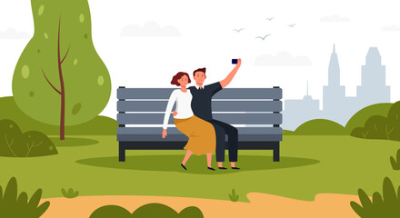 Couple taking selfie with smartphone outdoors in park - obrazy, fototapety, plakaty
