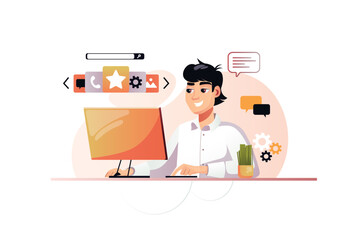 App development orange concept with people scene in the flat cartoon design. Programmer develops a new application using programming languages. Vector illustration.