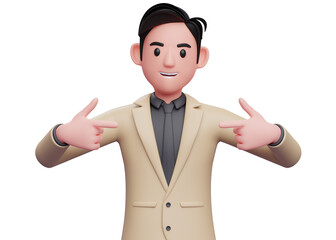 3D illustration of man in brown suit pointing self
