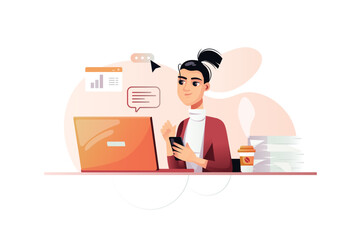 Work flow orange concept with people scene in the flat cartoon design. Worker performs tasks on a laptop and drinks coffee. Vector illustration.