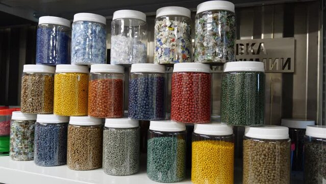 Plastic granules and pellets, Raw different colors recycled polymer materials for plastic products. The plastic factory, manufacture and industry