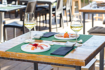 sushi, food, fish, seafood, meal, dinner, chopstick, horizontal, photography, salmon, japanese, color image, lunch, freshness, sashimi, rice, japanese food, fresh, japanese culture, japan, plate, shri