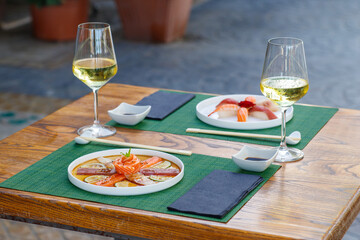 sushi, food, fish, seafood, meal, dinner, chopstick, horizontal, photography, salmon, japanese, color image, lunch, freshness, sashimi, rice, japanese food, fresh, japanese culture, japan, plate, shri