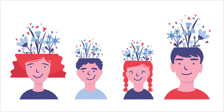 Mental health, happy family concept, balance, harmony. Male, female, children's heads with flowers inside. Mindfulness, positive thinking, self care idea. Set of flat cartoon vector illustrations