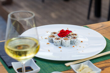 epicure, isolated, snack, tradition, vegetable, sushi, food, fish, seafood, meal, chopstick, dinner, rice, salmon, sashimi, horizontal, japanese, photography, lunch, freshness, color image, japanese f