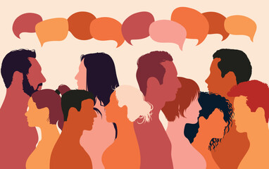Various people speaking and talking. Cartoon heads with a diversity of ethnicities in profile. Communication concept and speech bubble. Multi-ethnic multicultural dialogue group.
