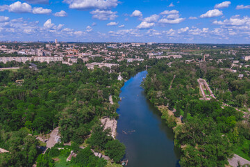Fototapeta na wymiar Ukrainian city of Krivoy Rog from above. Residential buildings, city center. Landmark of Ukraine. Aerial view of cityscape