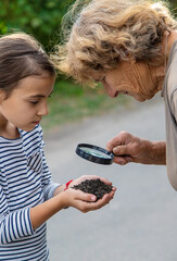 The child examines the soil with a magnifying glass. Selective focus.
