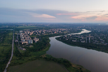 Ukrainian city of Krivoy Rog from above. Residential buildings, city center. Landmark of Ukraine. Aerial view of cityscape