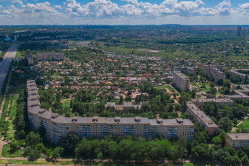 Obraz premium Ukrainian city of Krivoy Rog from above. Residential buildings, city center. Landmark of Ukraine. Aerial view of cityscape
