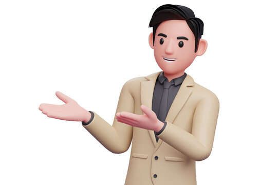 businessman in brown suit open both hands pose, 3d illustration of a businessman presenting side with open both hands