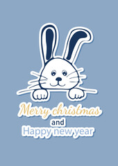 Merry christmas and happy new year sticker. Funny bunny. Holiday greeting card. Vector hand drawn illustration design
