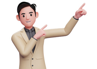 businessman in brown suit raising both hands pointing to the top right corner, 3d illustration of a businessman pointing to the top right corner with both finger
