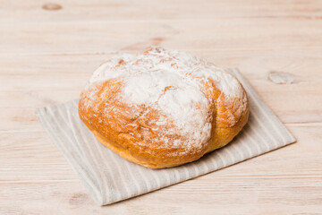 Fresh homemade crisp bread on napkin, top view. Healthy unleavened bread. French bread. Top view Bakery products