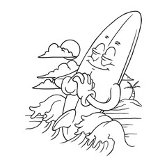 Coloring illustration of cartoon praying surfing board mascot