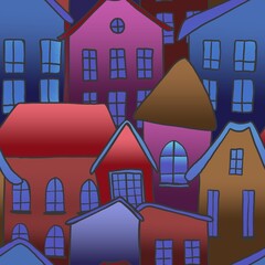 Seamless pattern of simple illustrations of toy houses