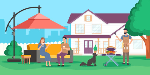 Obraz na płótnie Canvas Family party with barbecue on backyard house