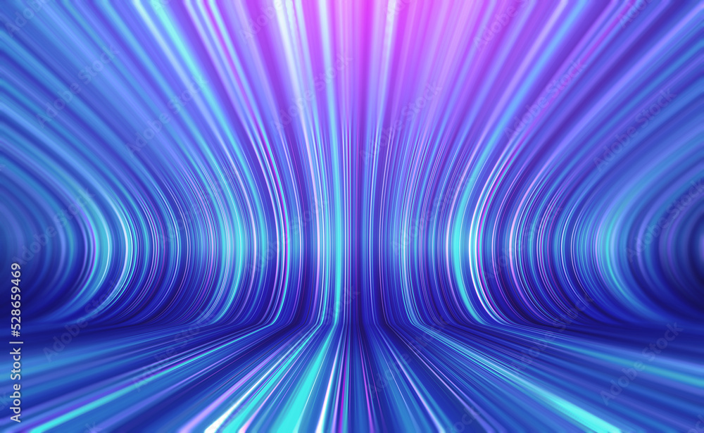 Poster High-speed data flow. Strings of information, linear train. Springboard time loop. 3D illustration hi-tech business background