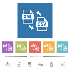 XML CSV file conversion flat white icons in square backgrounds