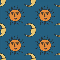 Fototapeta premium Seamless pattern with sun and moon. Contemporary composition. Boho wall decor. Mid century art print. Trendy texture for print, textile, packaging.