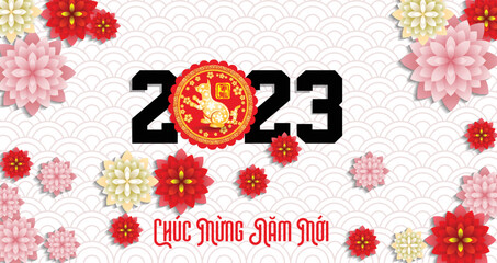 Happy lunar new year 2023, Vietnamese new year, Year of the Cat.
(Translation vietnamese: Happy new year, year of the cat) - obrazy, fototapety, plakaty