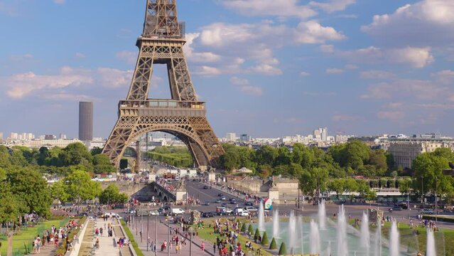 FRANCE, PARIS: Eiffel Tower in the morning time and summertime in Paris, France, horizontal pan