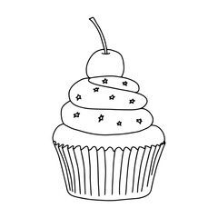 Cupcake with cherry and cream in the style of Doodle.Black and white image of baking.Monochrome.Outline drawing by hand.Sweet confectionery products.Vector image