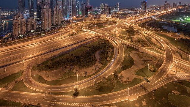 Dubai Marina Highway Intersection Spaghetti Junction Night To Day Timelapse