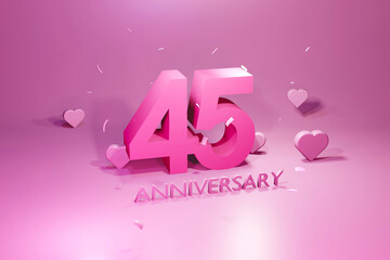 45 years anniversary celebration on pink pastel background 3d render