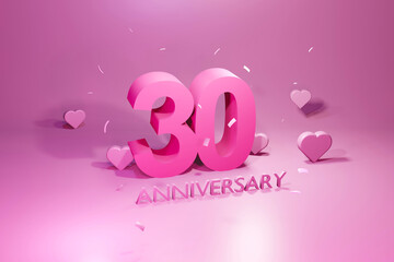30 years anniversary celebration on pink pastel background 3d render