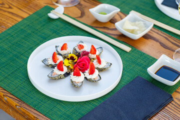 sushi, food, fish, seafood, meal, dinner, chopstick, horizontal, photography, salmon, japanese, color image, lunch, freshness, sashimi, rice, japanese food, fresh, japanese culture, japan, plate, shri