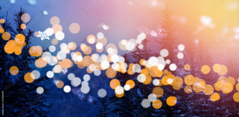 Poster trees and mountains with bokeh in foreground