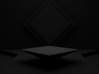 Black geometric podium. Dark background.