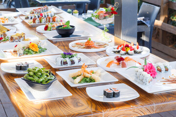 sushi, food, fish, seafood, meal, dinner, chopstick, horizontal, photography, salmon, japanese, color image, lunch, freshness, sashimi, rice, japanese food, fresh, japanese culture, japan, plate, shri