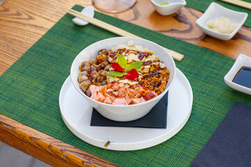 sushi, food, fish, seafood, meal, dinner, chopstick, horizontal, photography, salmon, japanese, color image, lunch, freshness, sashimi, rice, japanese food, fresh, japanese culture, japan, plate, shri
