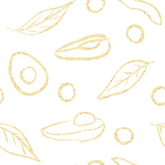 Hand drawn gold line seamless pattern of avocados