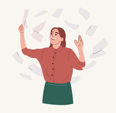 Delighted, excited smiling woman throwing documents in the air in office. Celebration of success, victory. Happy emotions concept. Flat vector illustration.
