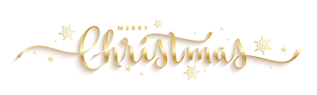MERRY CHRISTMAS metallic gold vector brush calligraphy banner with snowflakes