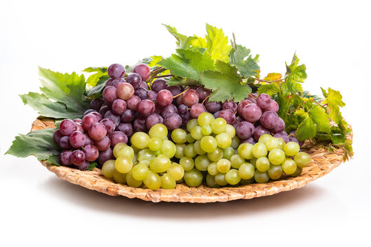 Clusters of white and pink grapes on a wicker dish. isolate on white background