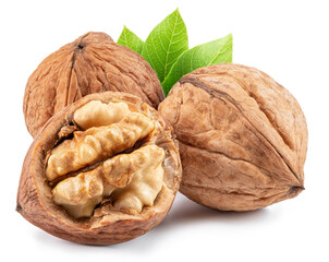 Walnuts, walnut kernel and green leaves isolated on white background.Walnuts, walnut kernel and green leaves isolated on white background.