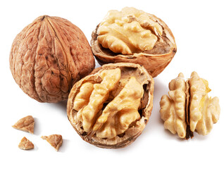 Walnuts and walnut kernel isolated on white background.