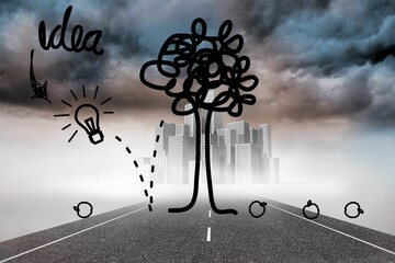 Idea tree graphic over cityscape on street