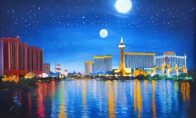 Night in Las Vegas, Nevada. Oil painting modern impressionism art. Bright vibrant colors of neon city at night. Casino, hotels, restaurants, road traffic lights. Wall art print, greeting template © Avgustus