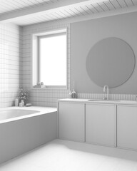 Total white project draft, wooden boho bathroom. Marble bathtub and washbasin. Japandi farmhouse interior design