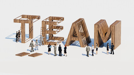 Concept de Team building  ou Renforcement d'équipe. Méthode pour améliorer la coopération et la motivation de l'équipe. Rendu 3D
