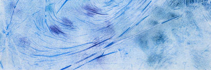 watercolor blue abstract art handmade diy painting on textured paper background. watercolour backdrop. painted frosty ice cold surface with broken lines as window pane frozen or as outer space. banner