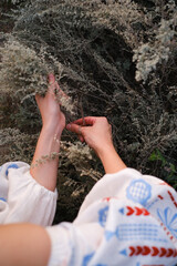 Woman hands collecting bouquet of sagebrush wearing long sleeved white blouse with ethnic embroidery