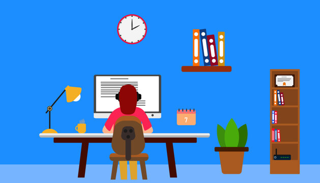 woman working at home office.
work from home idea concept.Office workplace flat vector illustration.
