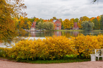 Catherine park with Admiralty buildings and Grand pond in autumn, Tsarskoe Selo (Pushkin), Saint...