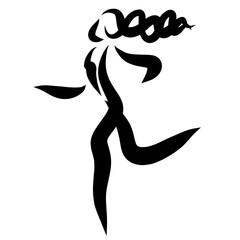 running woman with long braided hair, abstract black logo on white background